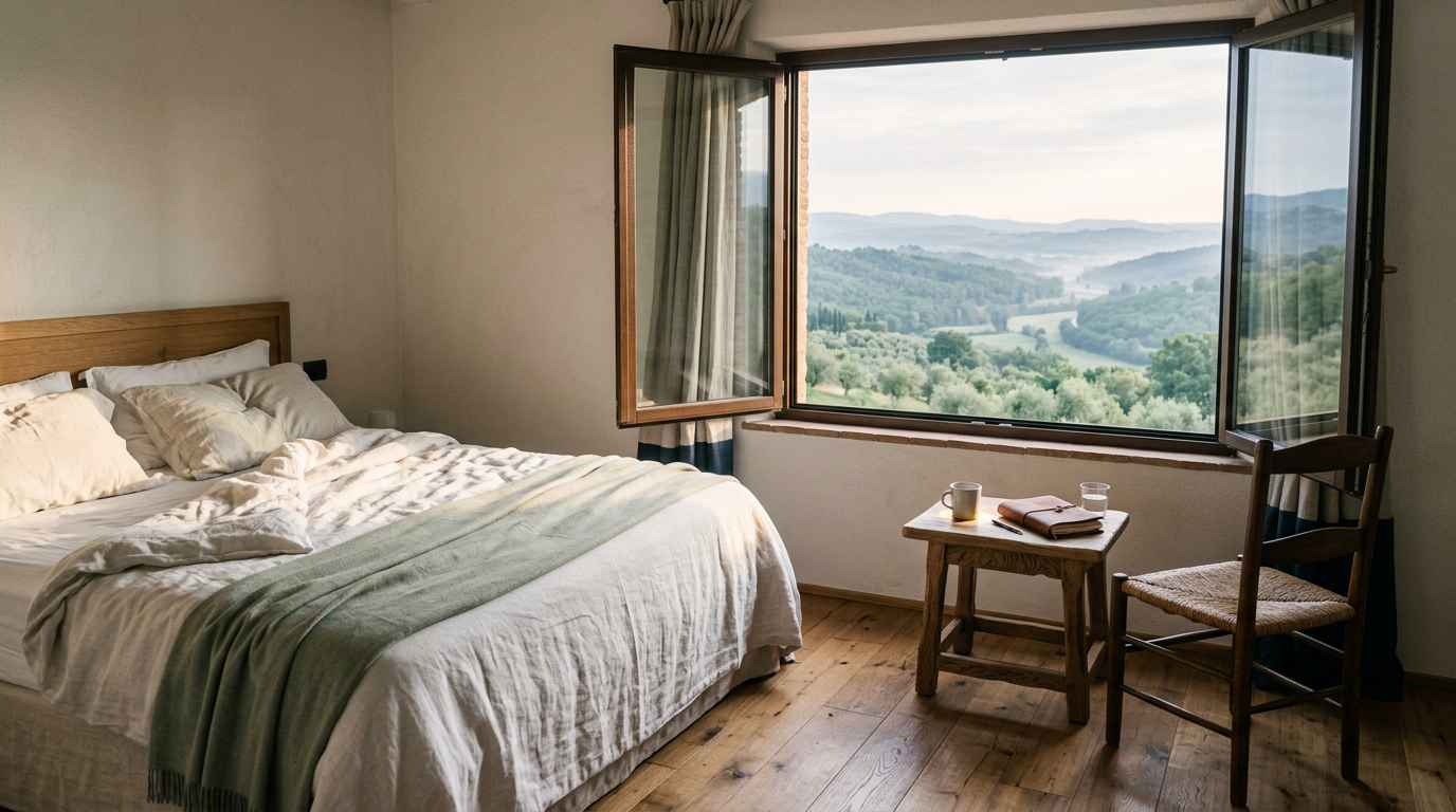 Boutique hotel room with landscape view